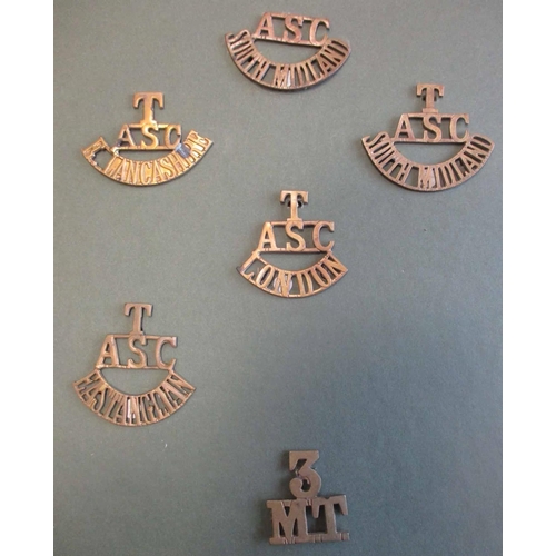 65 - ASC/RASC/RCT collection mounted on cards with buttons, cap badges including plastic war time economy... 