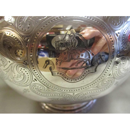 69 - 1878 silver presentation tea kettle, 25cm tall, lid fitted with cloth helmet replica piece, neatly e... 