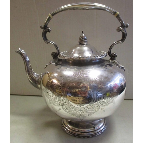 69 - 1878 silver presentation tea kettle, 25cm tall, lid fitted with cloth helmet replica piece, neatly e... 