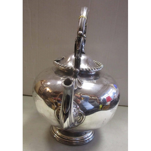 69 - 1878 silver presentation tea kettle, 25cm tall, lid fitted with cloth helmet replica piece, neatly e... 