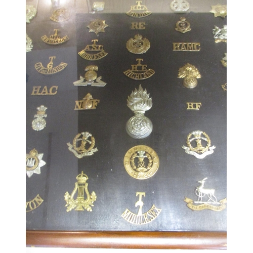 70 - Collection in large wood and glass frame of metal cap badges, shoulder titles etc, including QV 1st ... 