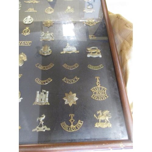 70 - Collection in large wood and glass frame of metal cap badges, shoulder titles etc, including QV 1st ... 