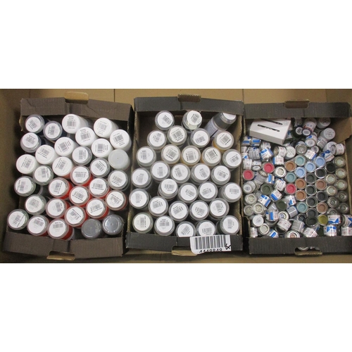 248 - Collection of Humbrol acrylics, spray paints, metallic coats, etc, plus brushes, all unopened and un... 