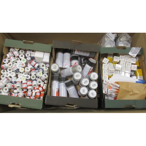 248 - Collection of Humbrol acrylics, spray paints, metallic coats, etc, plus brushes, all unopened and un... 