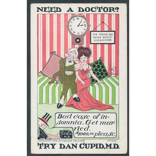 109 - Misc. coln. Cupid themed incl. set of 6 American pub. 'Try Doctor Cupid' M.D., courting couples, Val... 