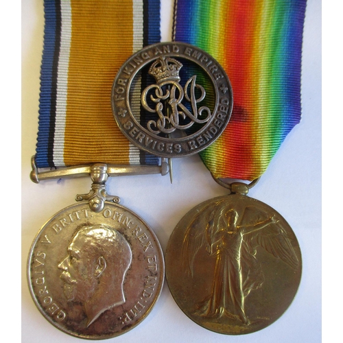 127 - Scarce WW1 BWM, Victory Medal and Silver war Badge No B284618 to 37225 Wkr J. Brodie Q.M.A.A.C. near... 