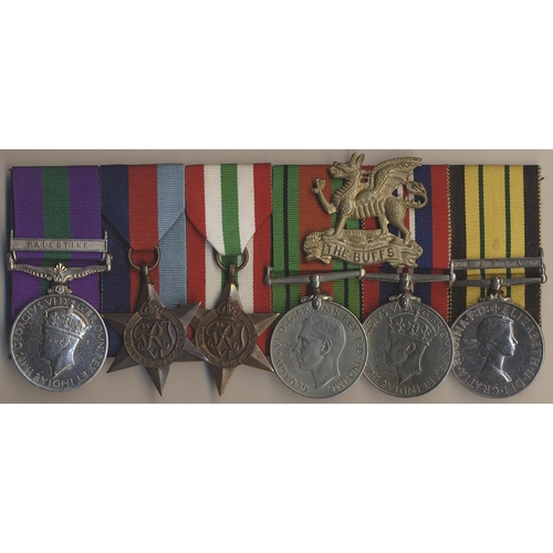 163 - 1923 GSM Palestine clasp, 1939-1945, Italy Stars, Defence Medal, BWM and Africa GSM Kenya clasp to 4... 