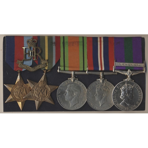 181 - 1939-1945, Pacific Stars, Defence Medal, BWM and 1923 GSM (QEII) Malaya clasp to 875714 Sgt R.H.S. C... 