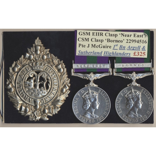 199 - 1923 GSM Near East clasp and 1962 GSM Borneo clasp to 22994516 Pte J. McGuire A & SH good very fine.... 