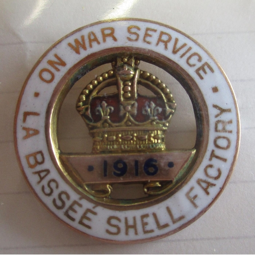 230 - War Service Munitions lapel and pin badge collection with 1916 La Bassee Shell Factory, Barrow Works... 