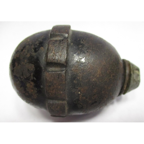 243 - WW1 inert range with German egg grenade, LD stamped to underside, British Mills hand grenade, no lev... 