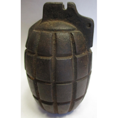 243 - WW1 inert range with German egg grenade, LD stamped to underside, British Mills hand grenade, no lev... 