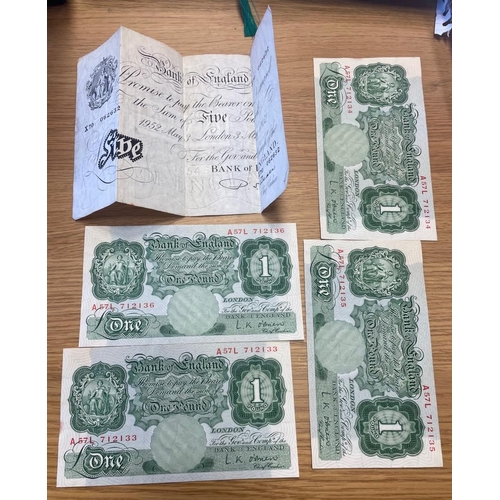 252 - Range of Bank of England banknotes in mixed condition with £5 Beale, O'Brien with 6 consecutives £1 ... 