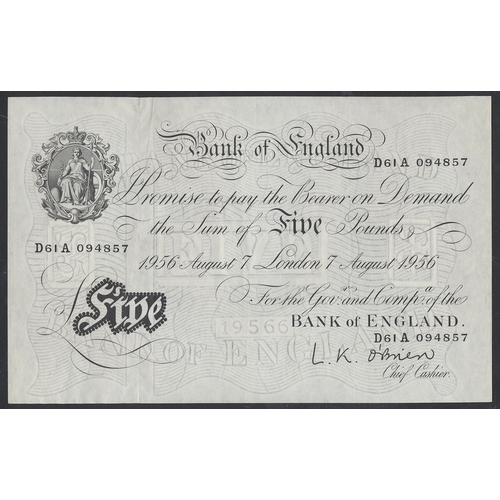 276 - L. K. O'Brien. 1956 (7 Aug) white £5 D61A 094857 about uncirculated (Duggleby B276), plus other rang... 