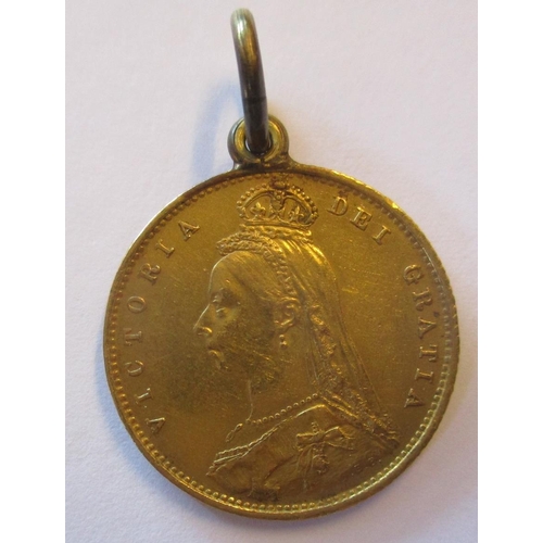 348 - IG lot - documents required. 1887 half sovereign with ring mount at 12 o'clock, very fine with some ... 