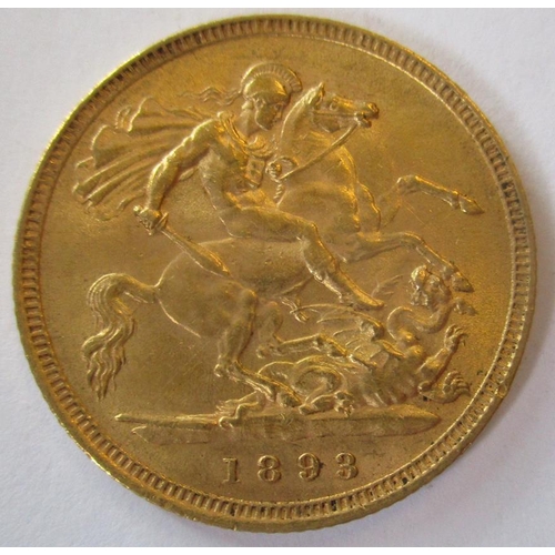 351 - IG lot - documents required. 1893 half sovereign fine. (Y)