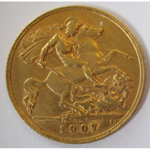 359 - IG lot - documents required. 1907 half sovereign fine. (Y)