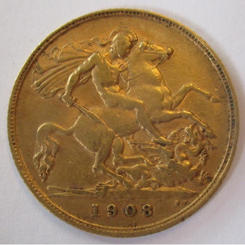 363 - IG lot - documents required. 1908 half sovereign fine. (Y)