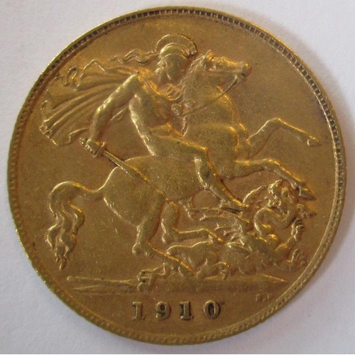 367 - IG lot - documents required. 1910 half sovereign fine. (Y)