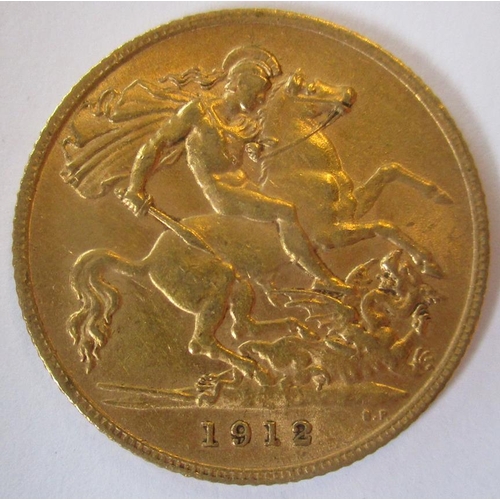 376 - IG lot - documents required. 1912 half sovereign fine. (Y)