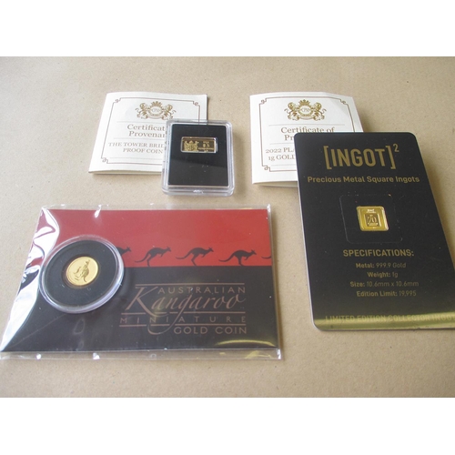 444 - IG lot – documents required. Small 24ct range with ingots, 1g, 0.5g and Australia $2 0.5g plus 14ct ... 