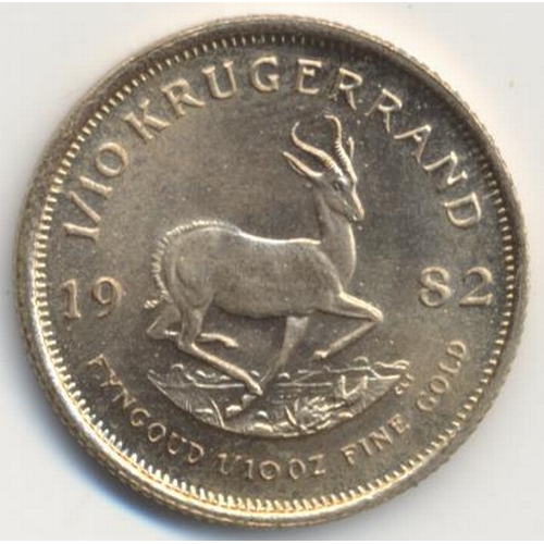 461 - IG lot – documents required. South Africa. 1982 Krugerrand 1/10 about uncirculated. (Y)