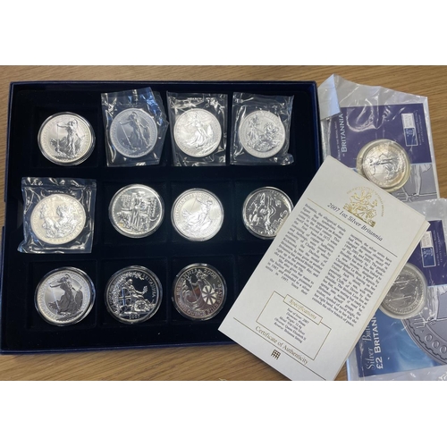 507 - Collection of £2 silver Britannia uncirculated on cards, packets or capsules 1998 (3), 99 (2), 2000 ... 