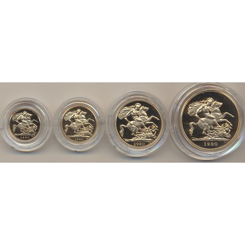 395 - I. gold lot – documents required. 1980 Royal Mint gold proof cased set of 4 (£5, £2, sovereign and h... 