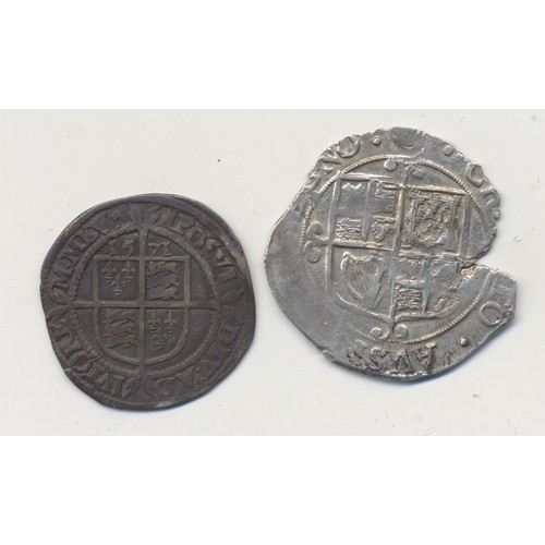 315 - Elizabeth I. 1571 sixpence mintmark castle fair/ fine and Charles I Tower mint under the King shilli... 