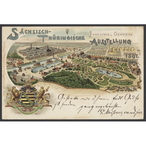 151 - Foreign. Coln. in modern album of early Gruss Aus cards many p.u. incl. exhibitions etc.. Berlin, Le... 