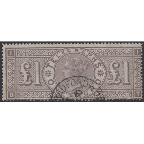 486 - 1876 £1 brown-lilac Telegraph, FU with Bradford cds, with repaired tear at base of stamp. (SG T17) C... 