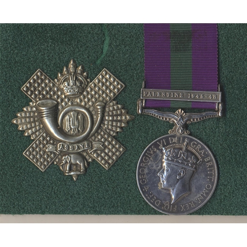 73 - Casualty's 1923 GSM Palestine 1945-48 clasp to 14483038 Pte B.A. Noble H.L.I. good very fine. Correc... 