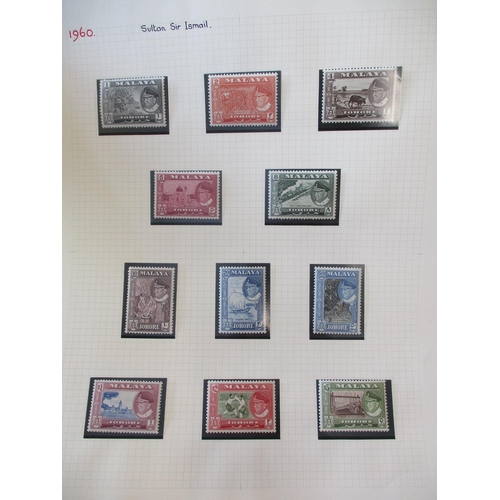 200 - Johore. M/UM & FU range on loose album leaves incl 1940 8c M & FU, 1948 RSW set UM & FU, 1949-55 Sul... 