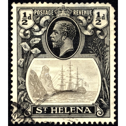 237 - St. Helena. 1922-37 small seln of varieties with ½d grey and black “cleft rock” UM in corner margina... 