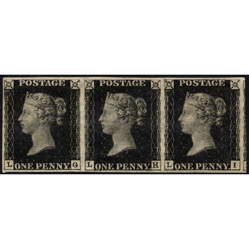 379 - 1840 1d intense black, Plate 5 LG-LI strip of three, M. SG AS24, Cat. £47,500. Large margins, part o... 