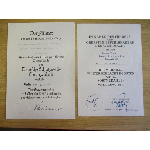 107 - Third Reich award certificates to Unteroffizier Werner Schunke 12/Art Regt 129 with West Wall Medal ... 