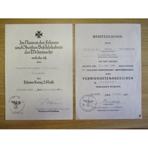 107 - Third Reich award certificates to Unteroffizier Werner Schunke 12/Art Regt 129 with West Wall Medal ... 