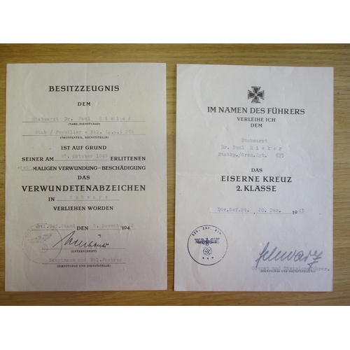 108 - Third Reich award certificates to Medical Officer Paul Rieker with Certificate of good conduct with ... 