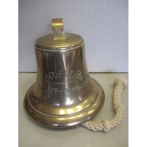 128 - Brass bell engraved 3/6th (Rifle) Bn The King's (Liverpool Regt) weighing 11kg, with clanger good ve... 