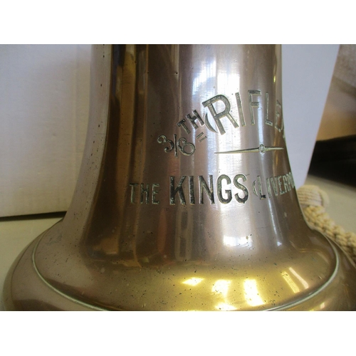 128 - Brass bell engraved 3/6th (Rifle) Bn The King's (Liverpool Regt) weighing 11kg, with clanger good ve... 