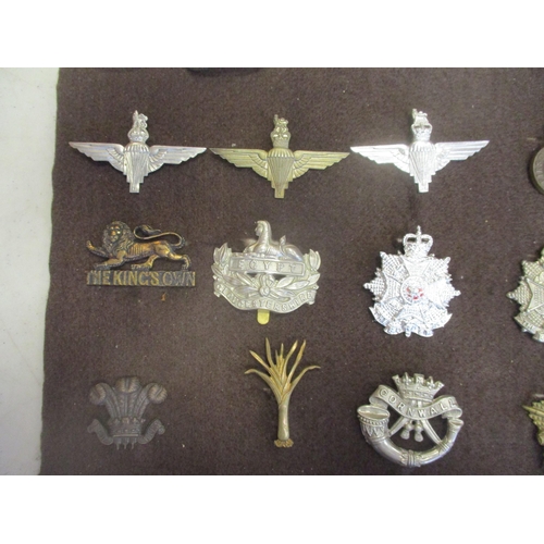 134 - Collection of metal cap badges mounted on a board within a glass frame including Para Regt (3), Bord... 