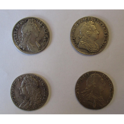 214 - Range of shillings generally very fine and better with 1696, 1723SSC, 1745 and 1787 hearts. Qty 4 (R... 