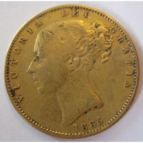 249 - Investment Gold lot - documents required. 1865 sovereign fine. (Y)