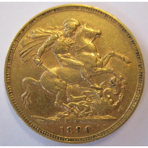 255 - Investment Gold lot - documents required. 1896M sovereign fine. (Y)