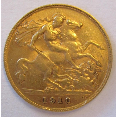 265 - Investment Gold lot - documents required. 1910 half sovereign fine. (Y)