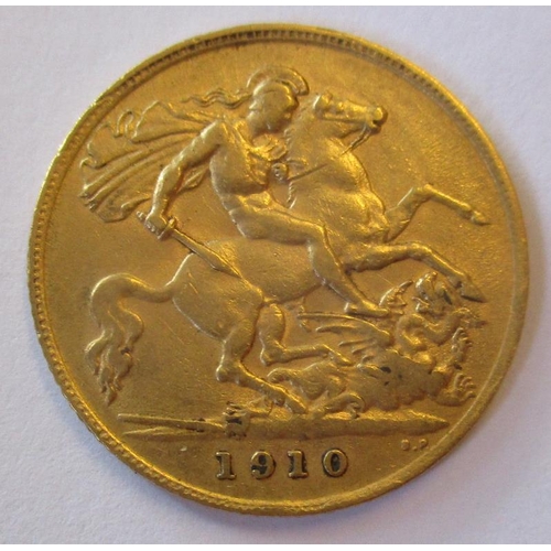 266 - Investment Gold lot - documents required. 1910 half sovereign fine. (Y)