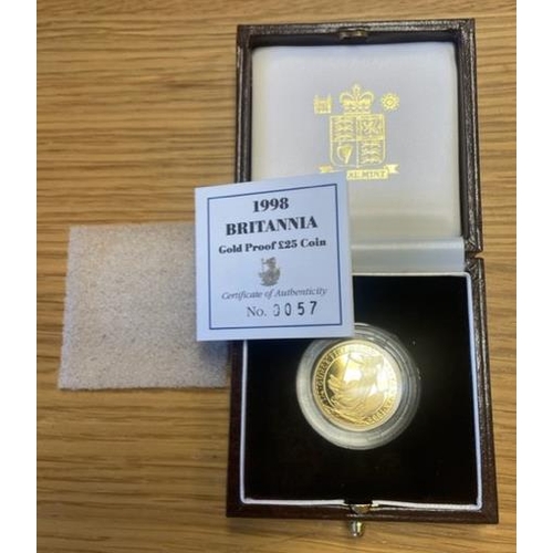 320 - Investment Gold lot - documents required. 1998 Britannia quarter ounce £25 boxed proof FDC with Roya... 