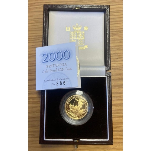 324 - Investment Gold lot - documents required. 2000 Britannia quarter ounce £25 boxed proof FDC with Roya... 