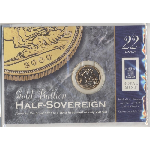 325 - Investment Gold lot - documents required. 2000 half sovereign uncirculated on Royal Mint card with u... 