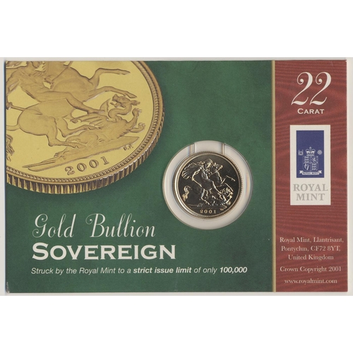 326 - Investment Gold lot - documents required. 2001 sovereign uncirculated on Royal Mint card. (Y)